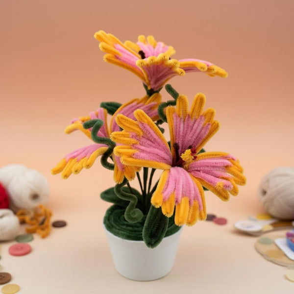 AGANTUK Handmade Pipe Cleaner Pot, Home Décor Items for Living Room Balcony Kitchen Bedroom Office Table Top Decoration (Hibiscus Flower Pot)
