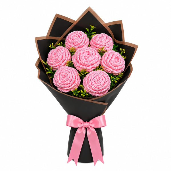 Handmade Crochet Flower Bouquet of 7 Pink Roses, Gift Wrapped