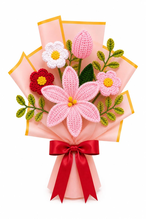 AGANTUK Handmade Crochet Mix Flower Bouquet for Gifting & Home Decor (Pink)