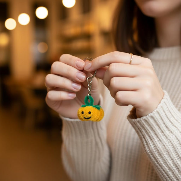 AGANTUK Handcrafted Pipe Cleaner Pumpkin Keychain, Yellow and Green, Handmade Design with Face