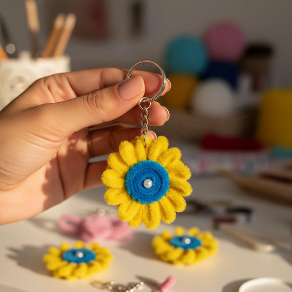 AGANTUK Handcrafted Pipe Cleaner Keychain, Yellow Daisy Flower Shape, Chenille Material, Soft Texture, Metal Key Ring