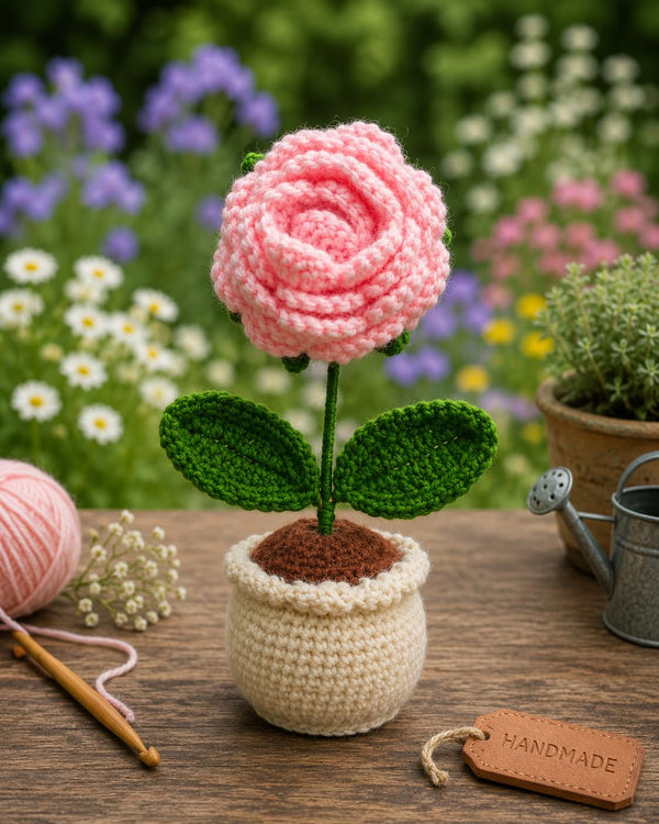 AGANTUK Handmade Crochet Artificial Flower Pot | Yellow, Red, Pink & Sunflower Roses | Woolen Home Decor Showpiece (1, Pink Rose)