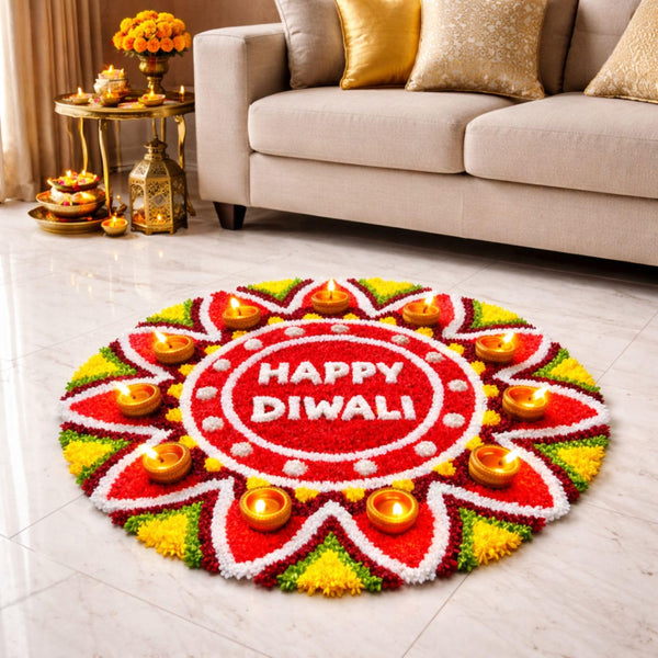AGANTUK Handmade Rangoli Doormat 90x90cm - Durable Fur Woolen Rexin Mat, Vibrant Multicolor Festive Decor for Main Door (Happy Diwali Mat)
