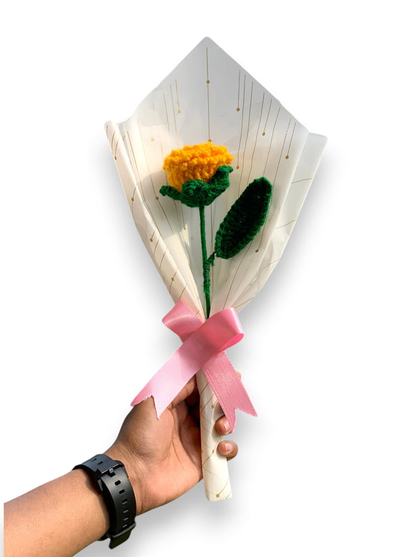 AGANTUK Handmade Crochet Flower Bouquet, Artificial Yarn Flowers, Single Stem, for Gift Giving, Indoor Decor (Yellow Rose)