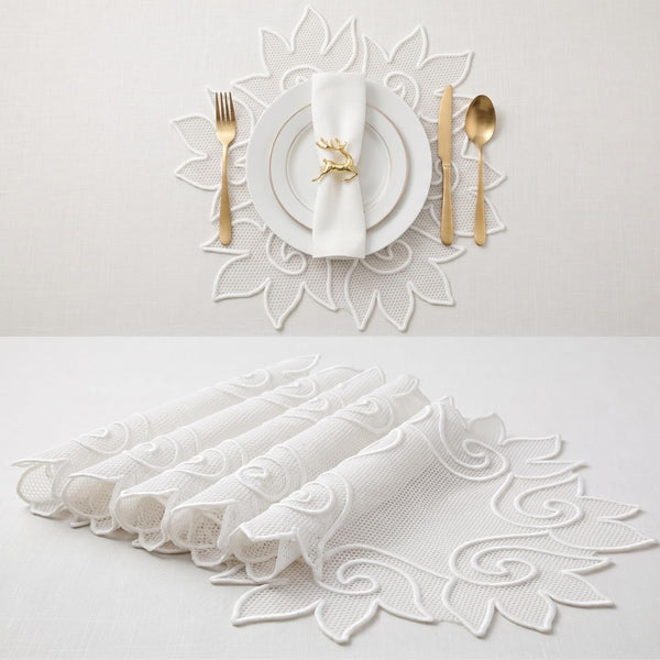 Handmade Decorative Place Mat, White, Lace-Inspired Floral Design, for Dining Table and Home Decor (Floral)