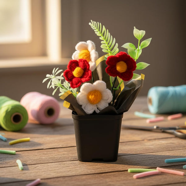 AGANTUK Handmade Pipe Cleaner Pot, Home Décor Items for Living Room Balcony Kitchen Bedroom Office Table Top Decoration (Daisy Flower Pot)