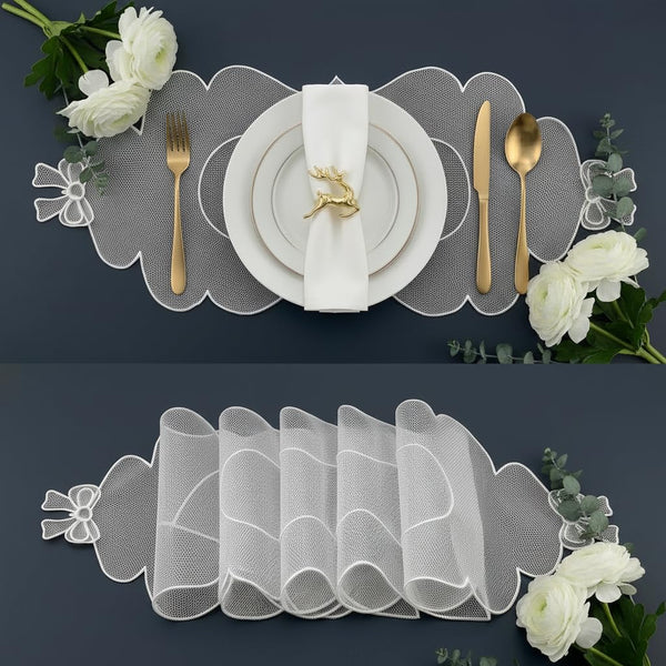 Handmade Decorative Place Mat, White, Lace-Inspired Floral Design, for Dining Table and Home Decor (Bow)