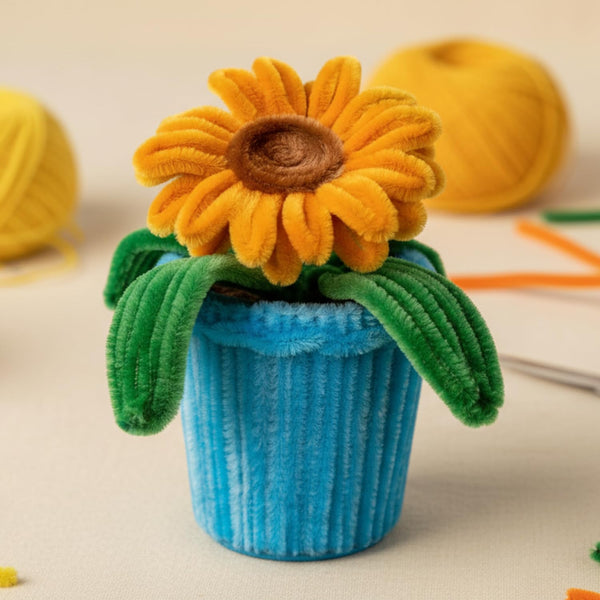 AGANTUK Handmade Pipe Cleaner Pot, Home Décor Items for Living Room Balcony Kitchen Bedroom Office Table Top Decoration (Sunflower with Blue Pot)