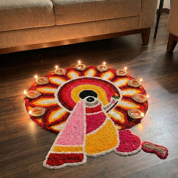 AGANTUK Handmade Rangoli Doormat 90x90cm - Durable Fur Woolen Rexin Mat, Vibrant Multicolor Festive Decor for Main Door