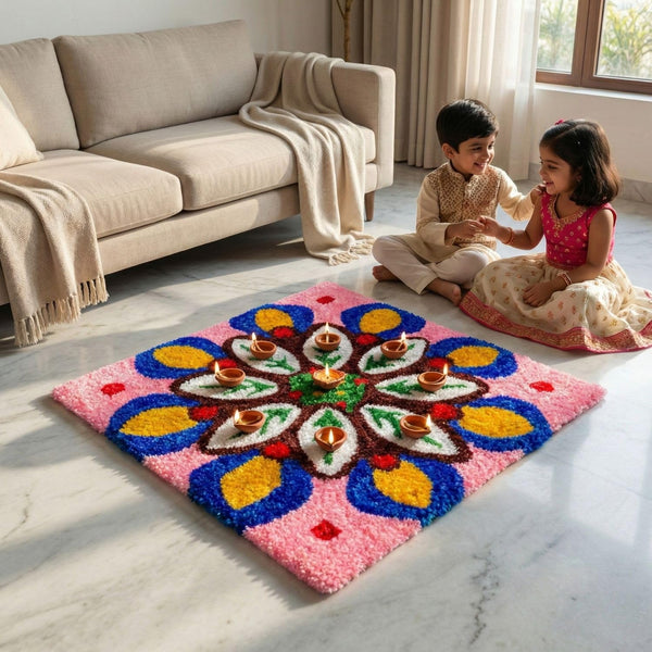 AGANTUK Handmade Rangoli Doormat 90x90cm - Durable Fur Woolen Rexin Mat, Vibrant Multicolor Festive Decor for Main Door (Square Rangoli Mat)