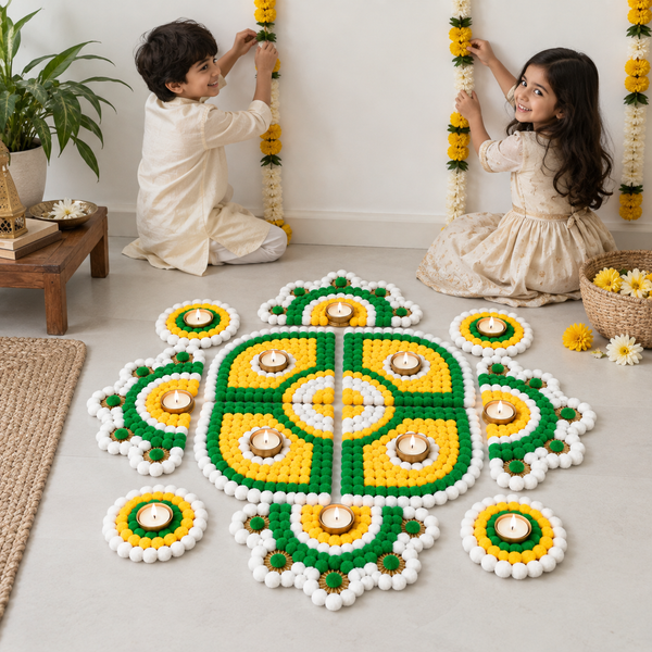 Agantuk Handmade Pom Pom Rexine Rangoli Mat Set for Diwali & Festive Decor