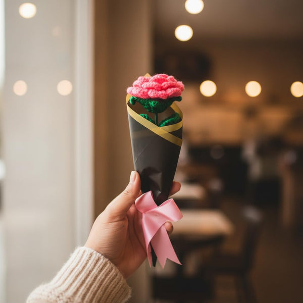 AGANTUK Handmade Crochet Flower Bouquet, Artificial Yarn Flowers, Single Stem, for Gift Giving, Indoor Decor (Pink Rose/Black)