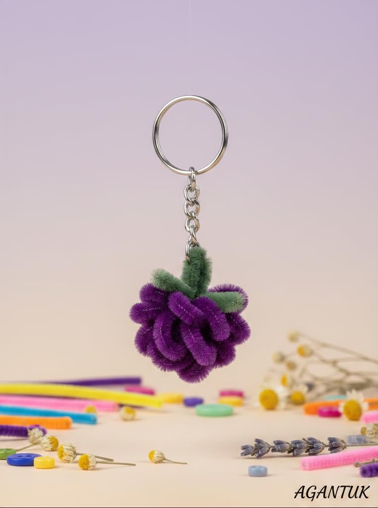AGANTUK Handcrafted Pipe Cleaner Keychain, Purple Rose Shape, Chenille Material, Soft Texture, Metal Key Ring