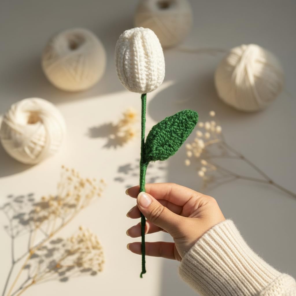 AGANTUK Handcrafted White Woolen Crochet Tulip Flower.