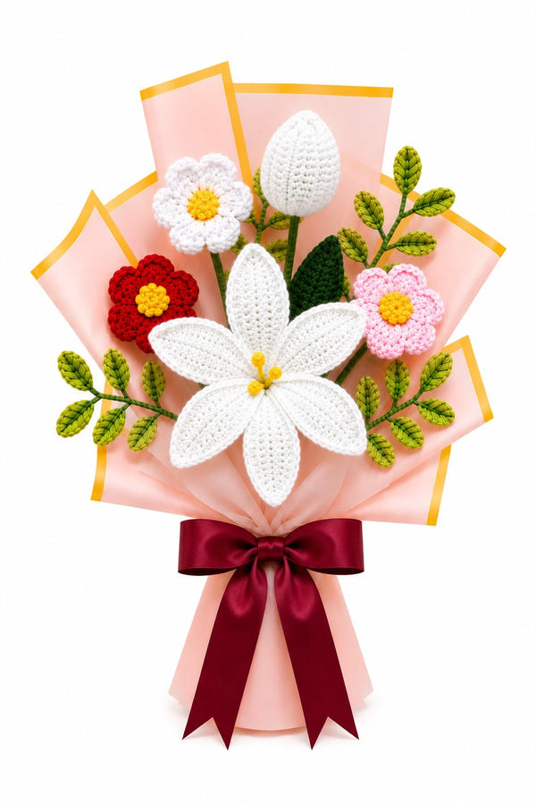 AGANTUK Handmade Crochet Mix Flower Bouquet for Gifting & Home Decor (White)