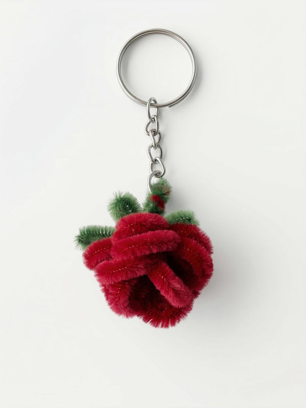 AGANTUK Handcrafted Pipe Cleaner Keychain, Red Rose Shape, Chenille Material, Soft Texture, Metal Key Ring