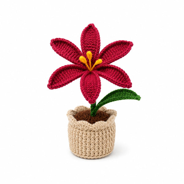 AGANTUK Handmade Crochet Lily Flower Pot for Home Decor (Maroon)