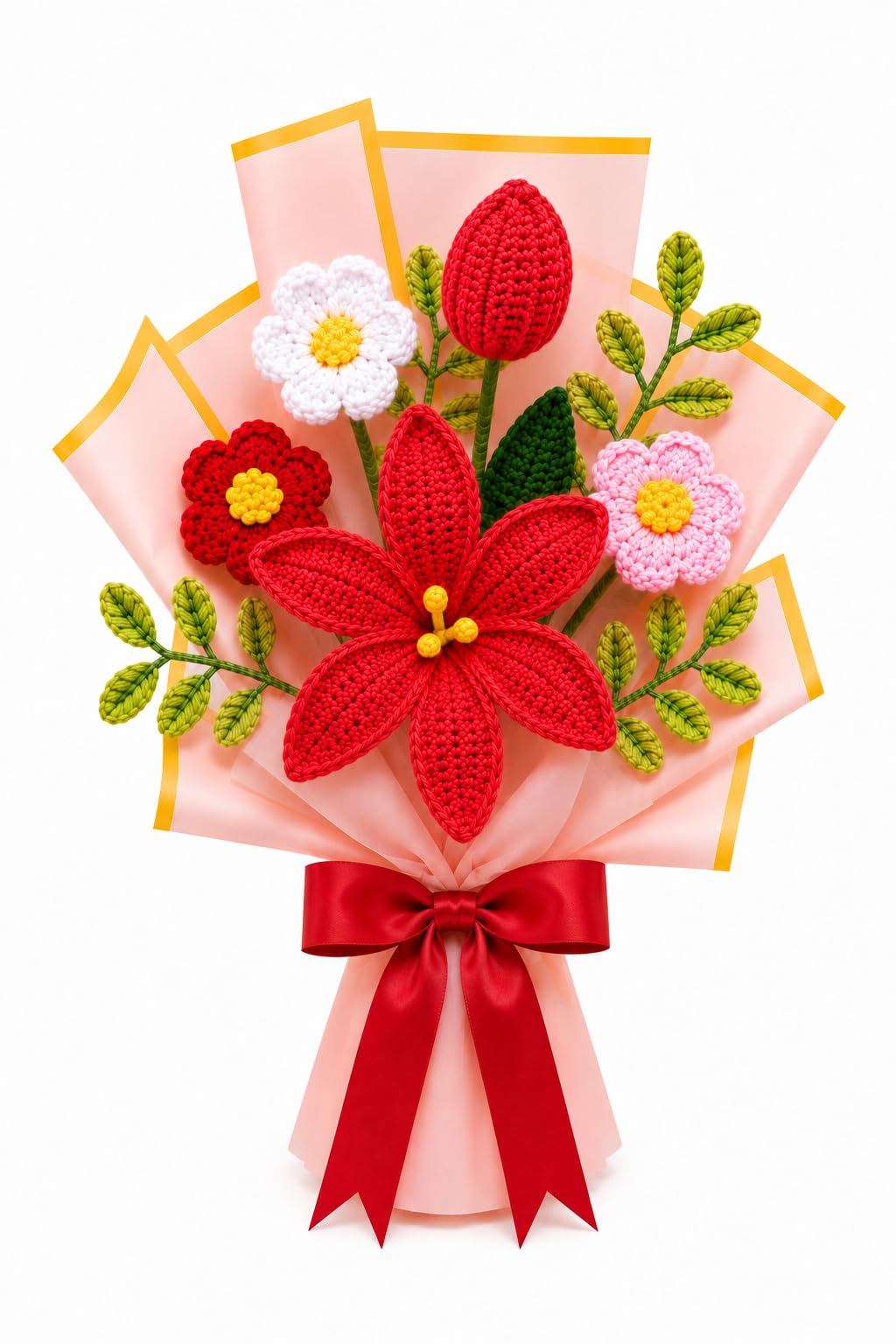 AGANTUK Handmade Crochet Mix Flower Bouquet for Gifting & Home Decor (Red)