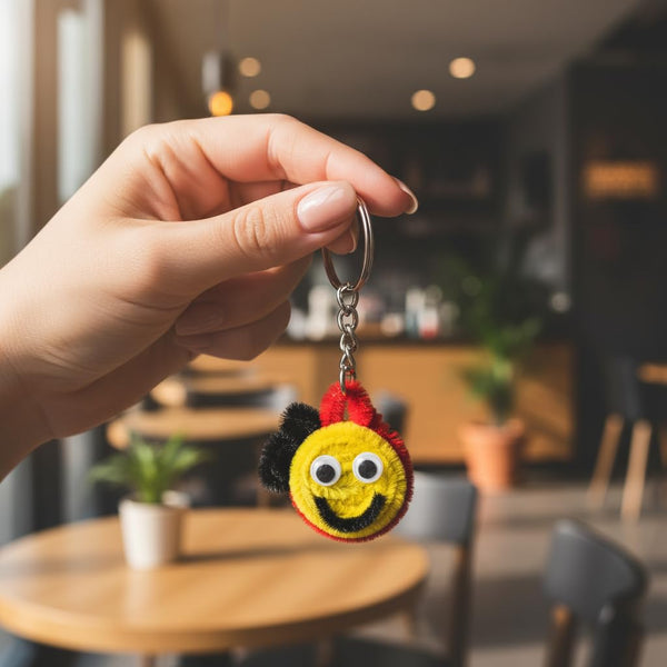 AGANTUK Handcrafted Pipe Cleaner Keychain, Smilie Shape, Chenille Material, Soft Texture, Metal Key Ring