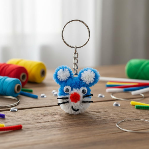 AGANTUK Handcrafted Pipe Cleaner Doraemon Keychain, Blue and White, Handmade Design with Googly Eyes
