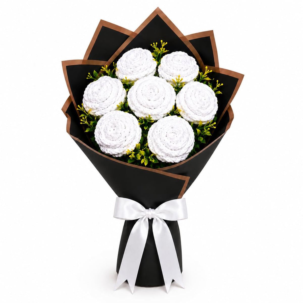 Handmade Crochet Flower Bouquet of 7 White Roses, Gift Wrapped