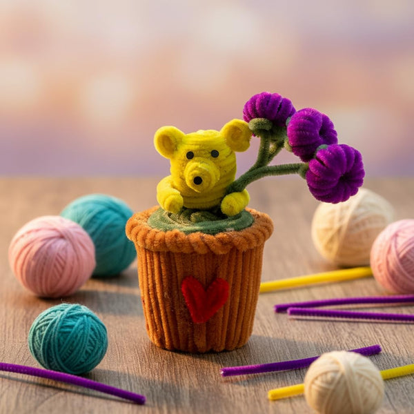 AGANTUK Handmade Pipe Cleaner Pot, Home Décor Items for Living Room Balcony Kitchen Bedroom Office Table Top Decoration (Yellow Teddy Pot)