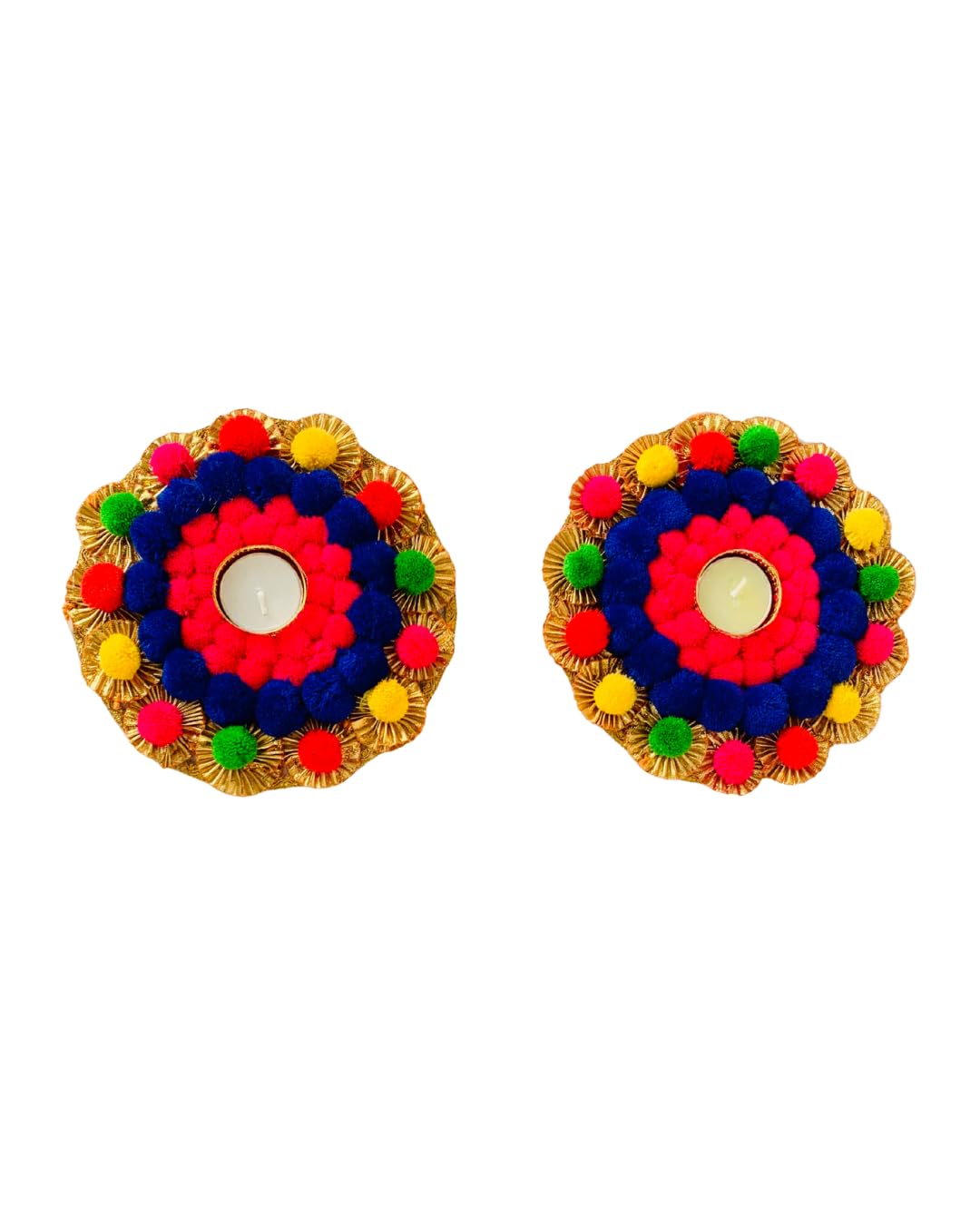 Handmade Festive Pom-Pom Tea Light Holders | Decorative Festive Diya Holder for Home, Table & Rangoli | Traditional Indian Festival Gift (Round Shape, Set of 2)