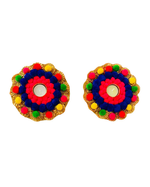 Handmade Festive Pom-Pom Tea Light Holders | Decorative Festive Diya Holder for Home, Table & Rangoli | Traditional Indian Festival Gift (Round Shape, Set of 2)