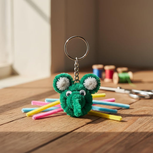 AGANTUK Handcrafted Pipe Cleaner Elephant Keychain, Green and White, Animal Design with Googly Eyes