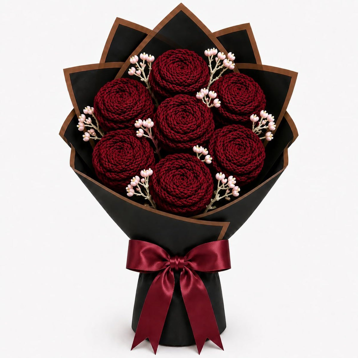 Handmade Crochet Flower Bouquet of 7 Maroon Roses, Gift Wrapped