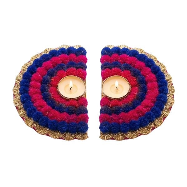 Handmade Festive Pom-Pom Tea Light Holders | Decorative Festive Diya Holder for Home, Table & Rangoli | Traditional Indian Festival Gift (D-Shape, Set of 2)
