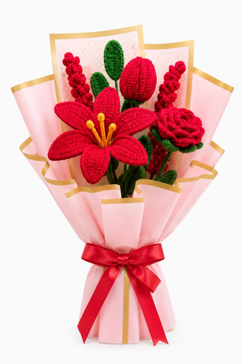 AGANTUK Crochet Flower Gift Bouquet | Handmade Home Decor (Red)