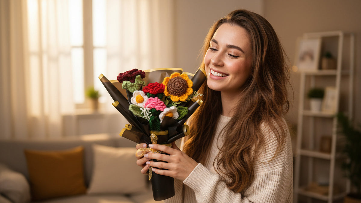 Handmade Crochet Flower Bouquet – 6 Mixed Flowers Gift Wrapped