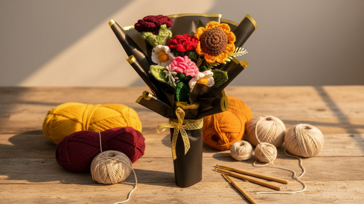 Handmade Crochet Flower Bouquet – 6 Mixed Flowers Gift Wrapped
