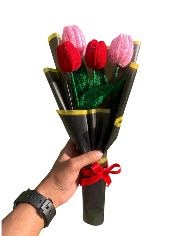 AGANTUK Handmade Crochet Flower Bouquet, Artificial Yarn Flowers, Single Stem, for Gift Giving, Indoor Decor (Tulip/Multicolor)