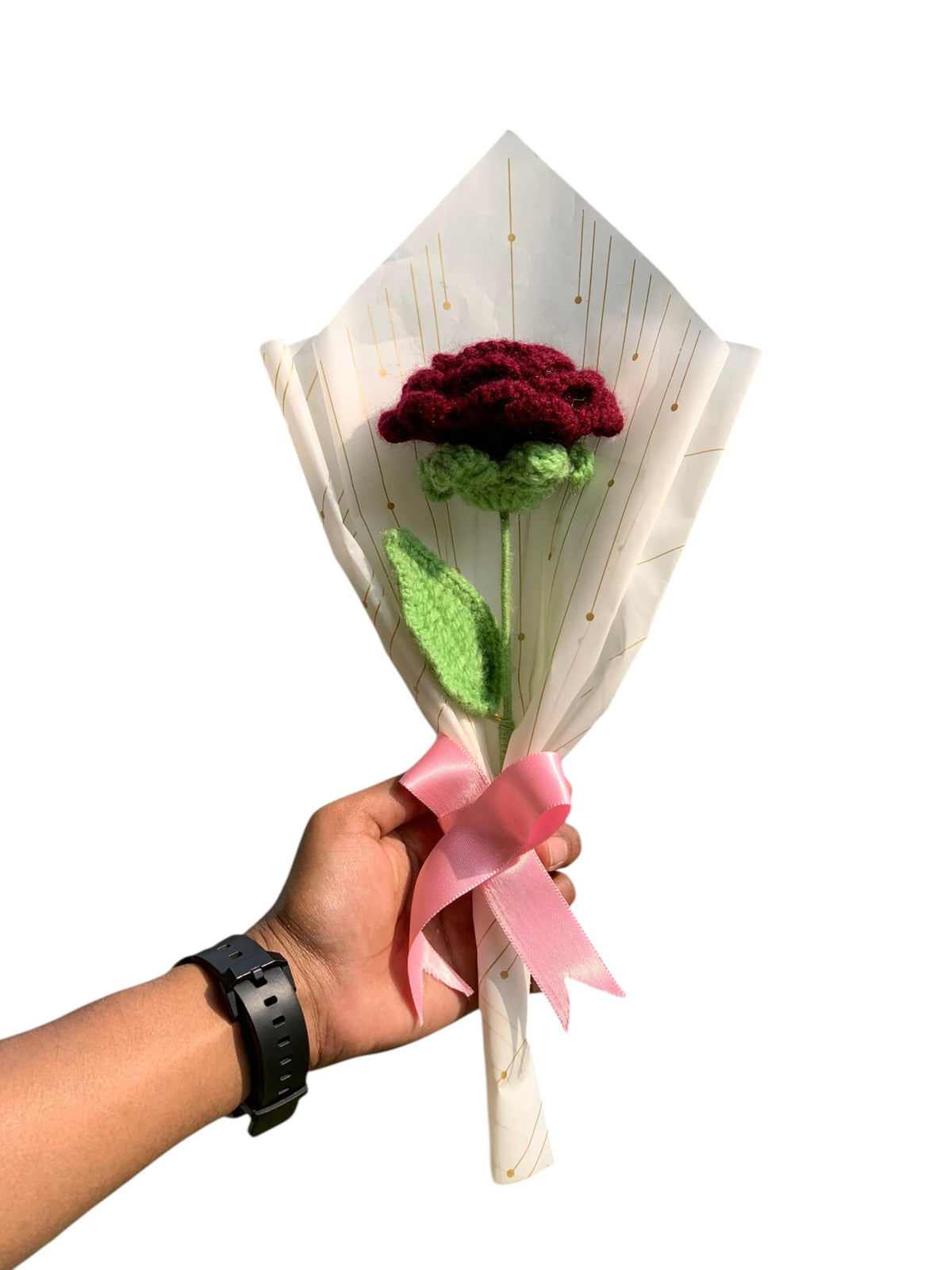 AGANTUK Handmade Crochet Flower Bouquet, Artificial Yarn Flowers, Single Stem, for Gift Giving, Indoor Decor (Maroon Rose)