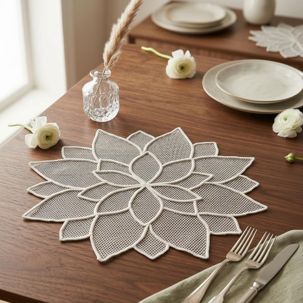 Handmade Decorative Place Mat, White, Lace-Inspired Floral Design, for Dining Table and Home Decor (Lotus)