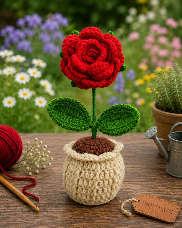 AGANTUK Handmade Crochet Artificial Flower Pot | Yellow, Red, Pink & Sunflower Roses | Woolen Home Decor Showpiece (1, Red Rose)