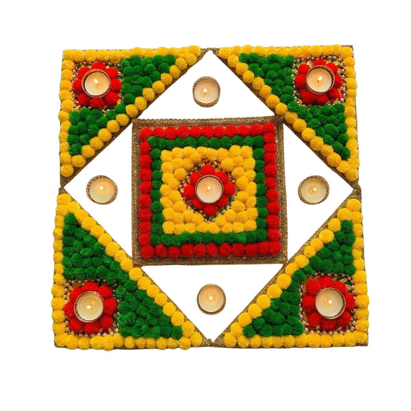 Festive Rangoli Mat Set with Tealight - Handcrafted Colorfull & Pom-Pom Decorative Design for Diwali, Puja, and Celebrations (Set of 1 Square & 4 Triangles)