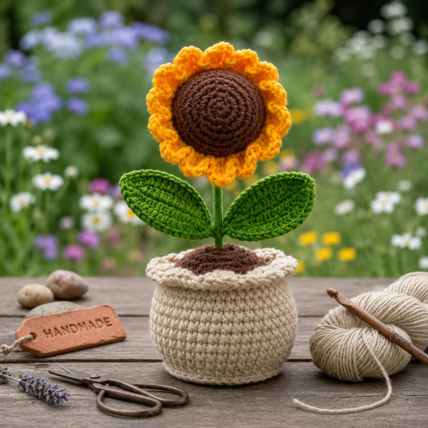 AGANTUK Handmade Crochet Artificial Flower Pot | Yellow, Red, Pink & Sunflower Roses | Woolen Home Decor Showpiece (1, Sunflower)
