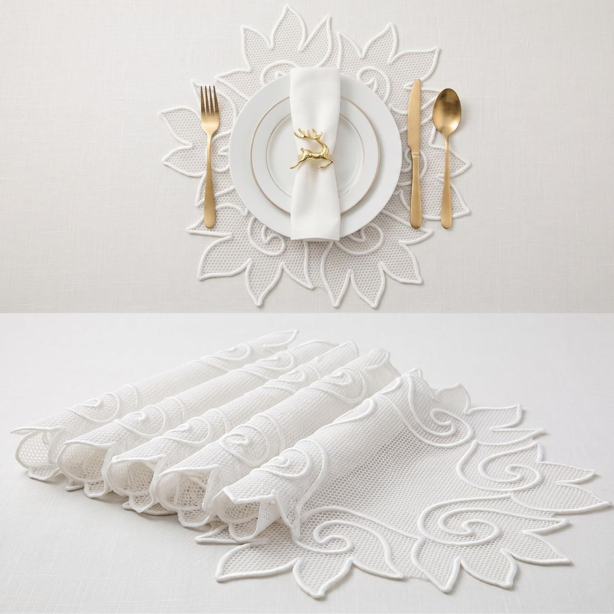 Handmade Decorative Place Mat, White, Lace-Inspired Floral Design, for Dining Table and Home Decor (Floral)