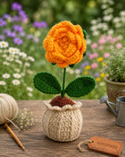 AGANTUK Handmade Crochet Artificial Flower Pot | Yellow, Red, Pink & Sunflower Roses | Woolen Home Decor Showpiece (1, Yellow Rose)