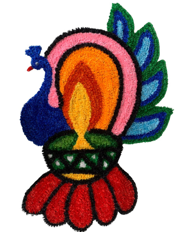 Handcrafted Woolen Rangoli Door Mat, Lightweight, Traditional and Modern Rangoli Mat for Home, Temple, Living Room, Kitchen, Door Entrance, Multicolour (Peacock Diya)