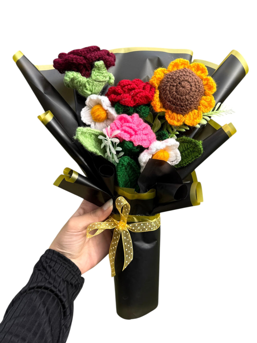 Handmade Crochet Flower Bouquet – 6 Mixed Flowers Gift Wrapped