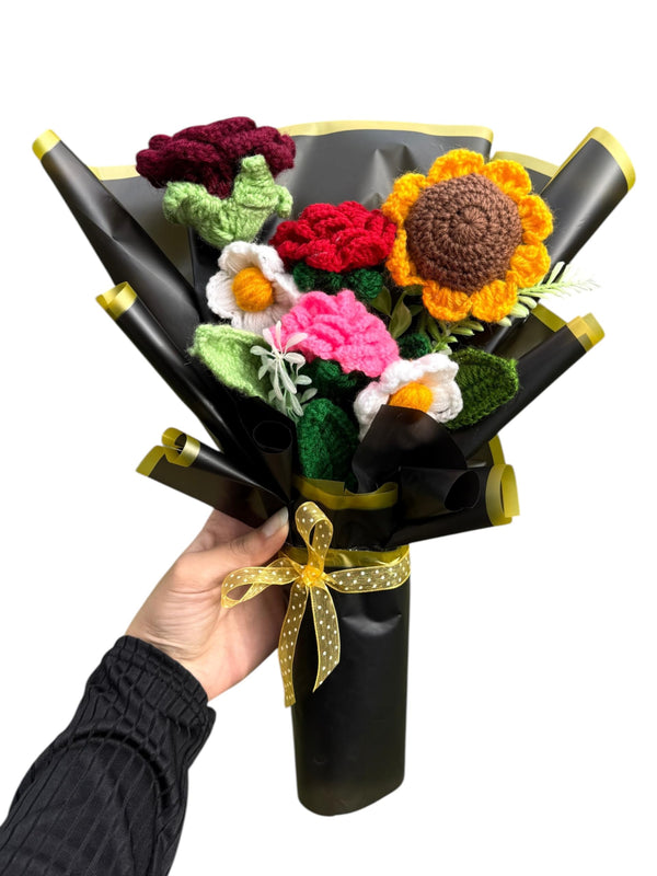 Handmade Crochet Flower Bouquet, Mixed of 6 Flowers with Sunflower and Roses, Gift Wrapped | Valentine Gift | Women's Day Special | Gifting & Surprise Bouquet