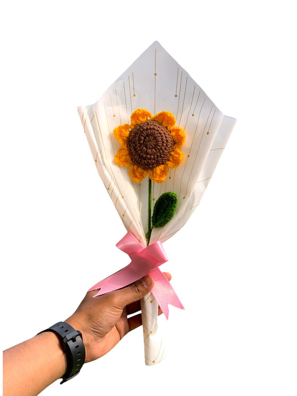 AGANTUK Handmade Crochet Flower Bouquet, Artificial Yarn Flowers, Single Stem, for Gift Giving, Indoor Decor (Sunflower)