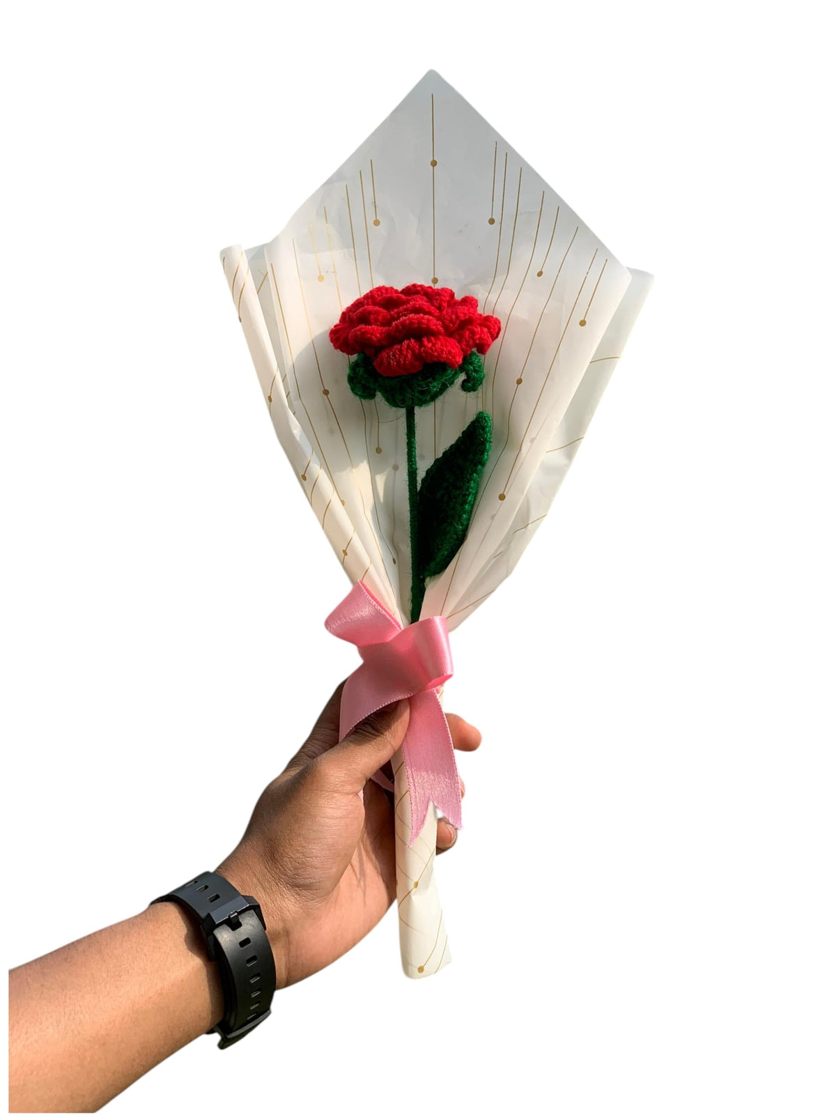 AGANTUK Handmade Crochet Flower Bouquet, Artificial Yarn Flowers, Single Stem, for Gift Giving, Indoor Decor (Red Rose)