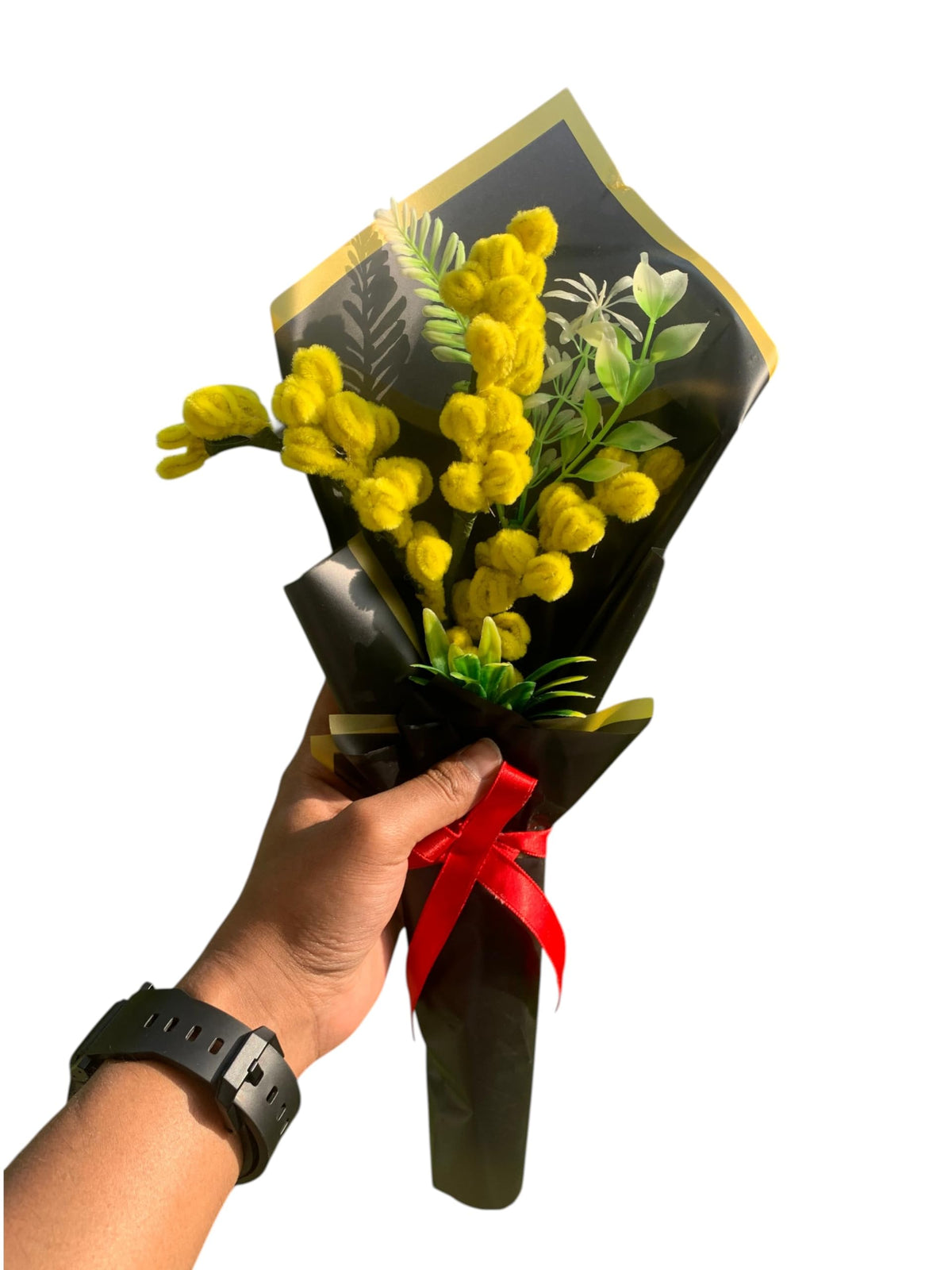AGANTUK Handmade Crochet Flower Bouquet, Artificial Yarn Flowers, Single Stem, for Gift Giving, Indoor Decor (Mimosa)