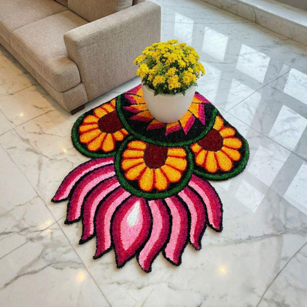 AGANTUK Handmade Rangoli Doormat 90x90cm - Durable Fur Woolen Rexin Mat, Vibrant Multicolor Festive Decor for Main Door (Lotus Corner Mat)