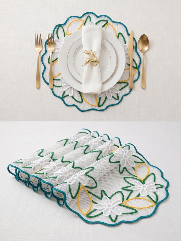 Handmade Decorative Place Mat, White, Lace-Inspired Floral Design, for Dining Table and Home Decor (Colored Round)